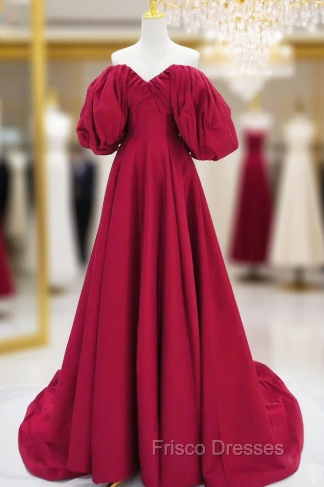 A-Line Puff Sleeves Satin Dark Red Long Formal Prom Dress, Dark Red Long Evening Dress