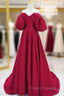A-Line Puff Sleeves Satin Dark Red Long Formal Prom Dress, Dark Red Long Evening Dress