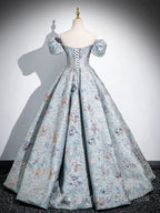 A-Line Puff Sleeves Satin Gray Blue Long Formal Prom Dress, Gray Blue Long Formal Dress