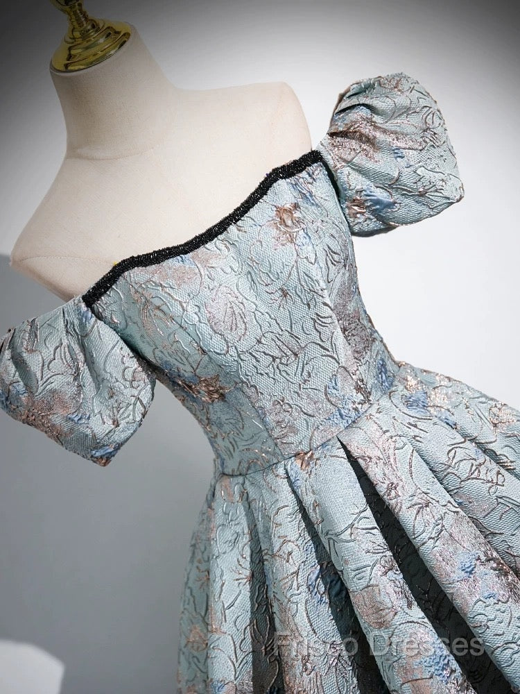 A-Line Puff Sleeves Satin Gray Blue Long Formal Prom Dress, Gray Blue Long Formal Dress