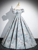 A-Line Puff Sleeves Satin Gray Blue Long Formal Prom Dress, Gray Blue Long Formal Dress