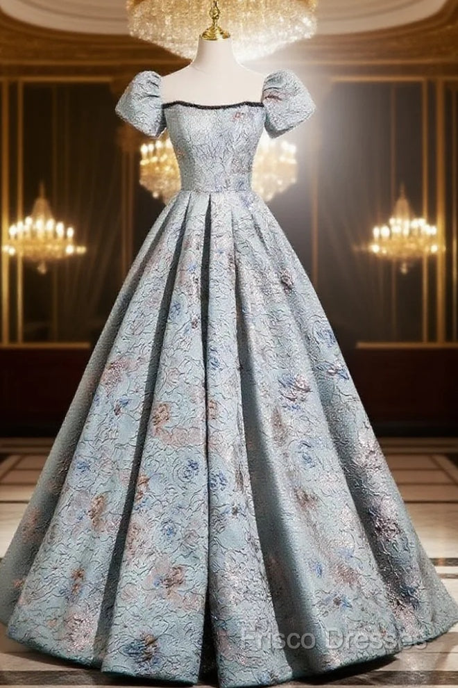 A-Line Puff Sleeves Satin Gray Blue Long Formal Prom Dress, Gray Blue Long Formal Dress Main image