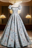 A-Line Puff Sleeves Satin Gray Blue Long Formal Prom Dress, Gray Blue Long Formal Dress