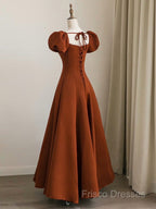 A-Line Puff Sleeves Satin Long Formal Prom Dress, Long Formal Dress