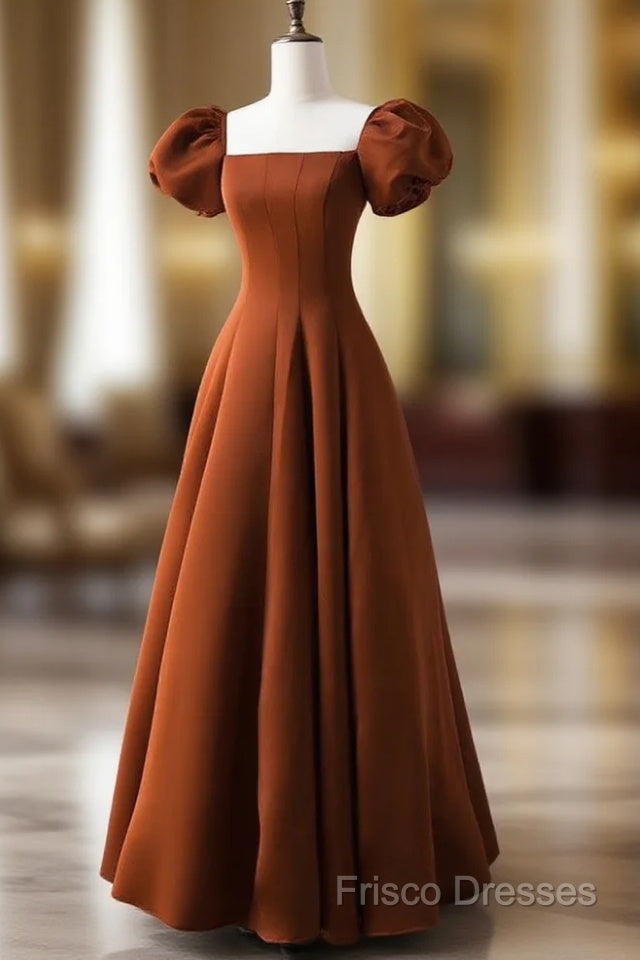 A-Line Puff Sleeves Satin Long Formal Prom Dress, Long Formal Dress Main image