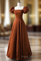 A-Line Puff Sleeves Satin Long Formal Prom Dress, Long Formal Dress