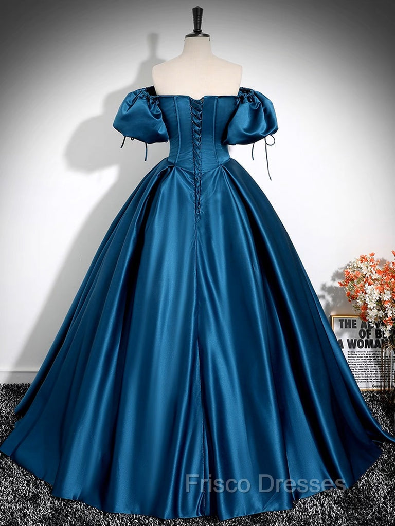 A-Line Puff Sleeves Satin Peacock Blue Long Formal Prom Dress, Peacock Blue Long Formal Dress