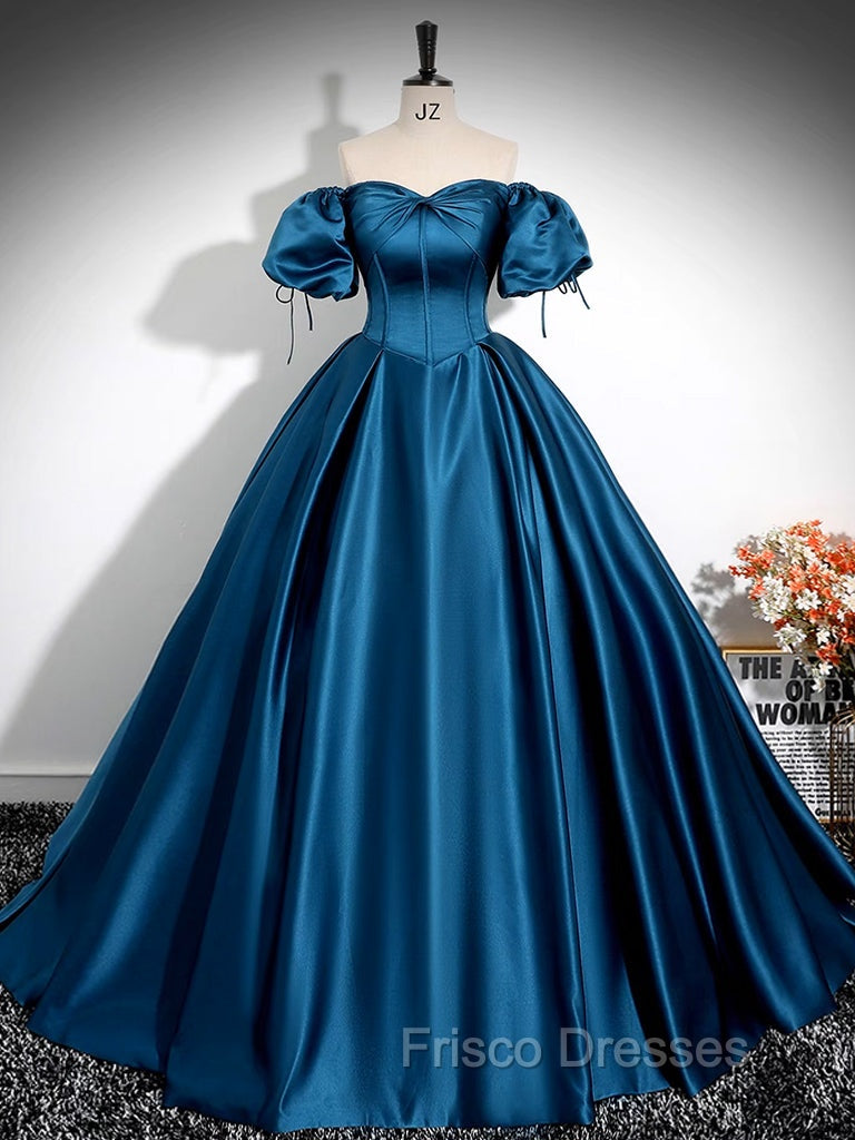 A-Line Puff Sleeves Satin Peacock Blue Long Formal Prom Dress, Peacock Blue Long Formal Dress