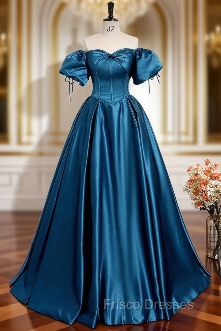 A-Line Puff Sleeves Satin Peacock Blue Long Formal Prom Dress, Peacock Blue Long Formal Dress