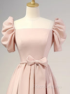 A-Line Puff Sleeves Satin Pink Long Formal Prom Dress, Pink Long Bridesmaid Dress