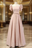 A-Line Puff Sleeves Satin Pink Long Formal Prom Dress, Pink Long Bridesmaid Dress
