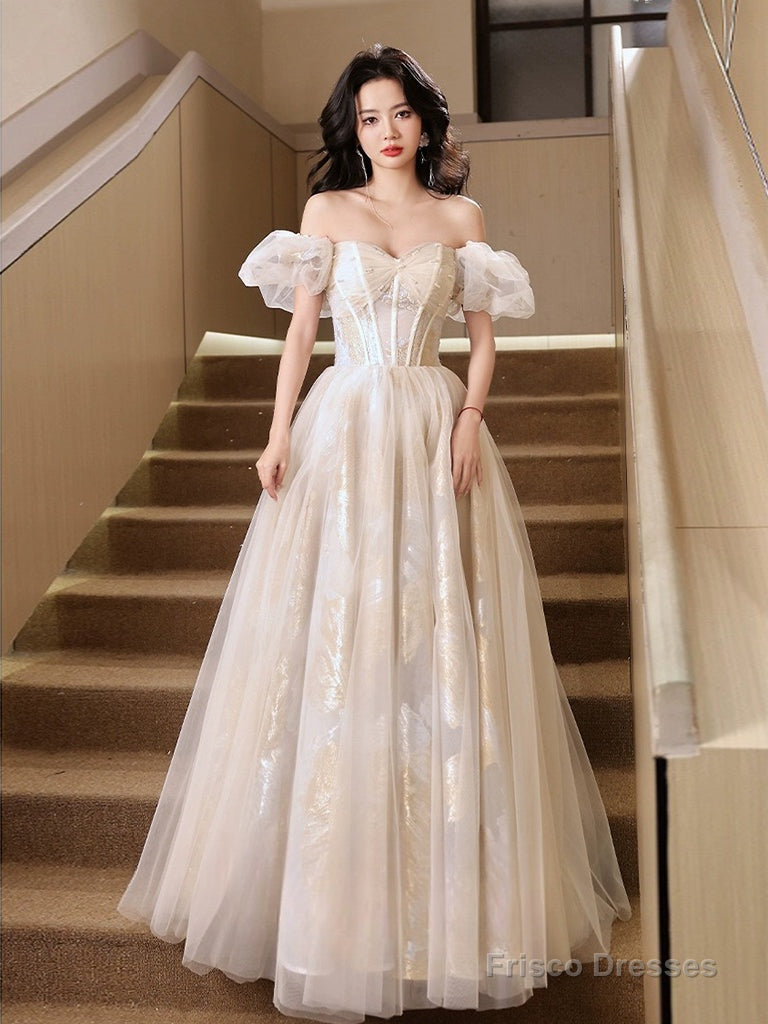 A-Line Puff Sleeves Tulle Lace Champagne Long Prom Dress Secondary image