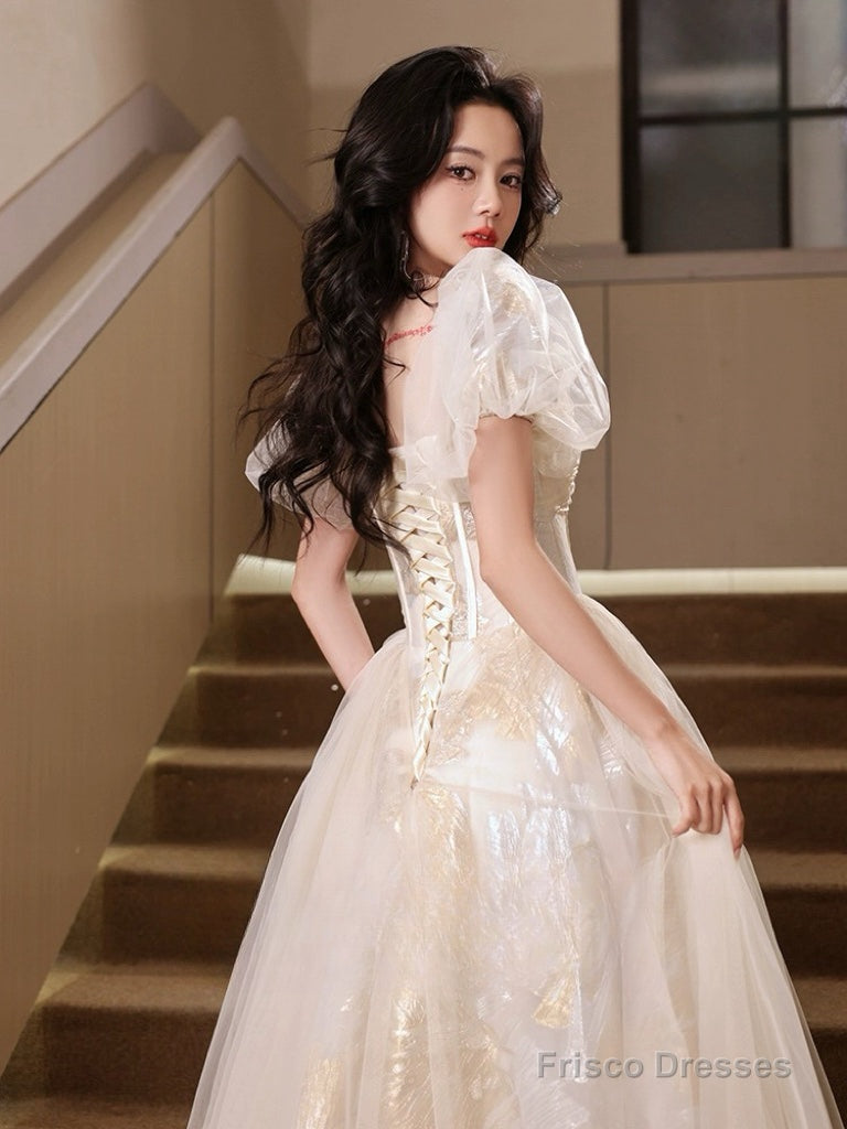 A-Line Puff Sleeves Tulle Lace Champagne Long Prom Dress