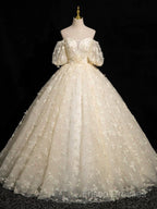 A-Line Puff Sleeves Tulle Lace Champagne Long Formal Prom Dress, Champagne Formal Dress