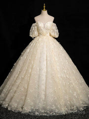 A-Line Puff Sleeves Tulle Lace Champagne Long Prom Dress, Champagne Formal Dress