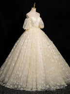 A-Line Puff Sleeves Tulle Lace Champagne Long Formal Prom Dress, Champagne Formal Dress