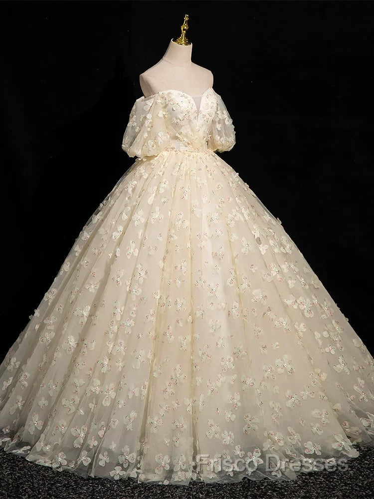 A-Line Puff Sleeves Tulle Lace Champagne Long Formal Prom Dress, Champagne Formal Dress
