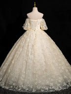 A-Line Puff Sleeves Tulle Lace Champagne Long Formal Prom Dress, Champagne Formal Dress
