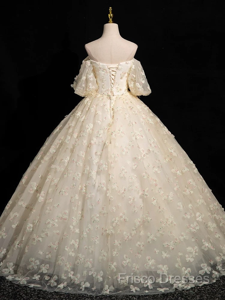 A-Line Puff Sleeves Tulle Lace Champagne Long Formal Prom Dress, Champagne Formal Dress