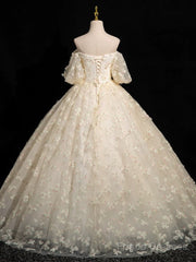 A-Line Puff Sleeves Tulle Lace Champagne Long Prom Dress, Champagne Formal Dress