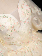 A-Line Puff Sleeves Tulle Lace Champagne Long Formal Prom Dress, Champagne Formal Dress