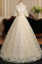 A-Line Puff Sleeves Tulle Lace Champagne Long Formal Prom Dress, Champagne Formal Dress