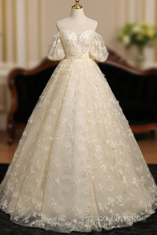 A-Line Puff Sleeves Tulle Lace Champagne Long Formal Prom Dress, Champagne Formal Dress