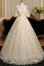 A-Line Puff Sleeves Tulle Lace Champagne Long Formal Prom Dress, Champagne Formal Dress