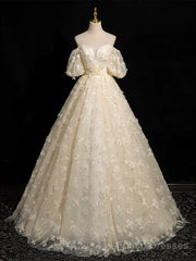 A-Line Puff Sleeves Tulle Lace Champagne Long Prom Dress, Champagne Formal Dress