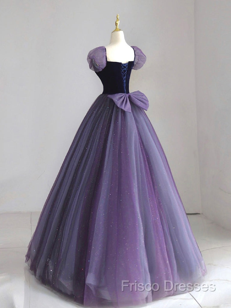 A-Line Puff Sleeves Tulle Velvet Purple Long Formal Prom Dress, Purple Long Formal Dress Secondary image