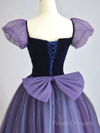 A-Line Puff Sleeves Tulle Velvet Purple Long Formal Prom Dress, Purple Long Formal Dress