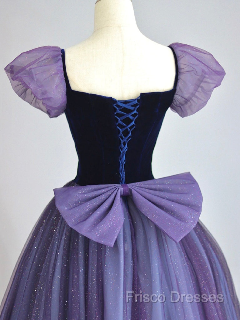 A-Line Puff Sleeves Tulle Velvet Purple Long Formal Prom Dress, Purple Long Formal Dress