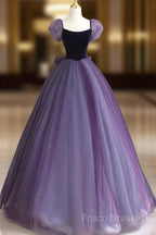 A-Line Puff Sleeves Tulle Velvet Purple Long Formal Prom Dress, Purple Long Formal Dress