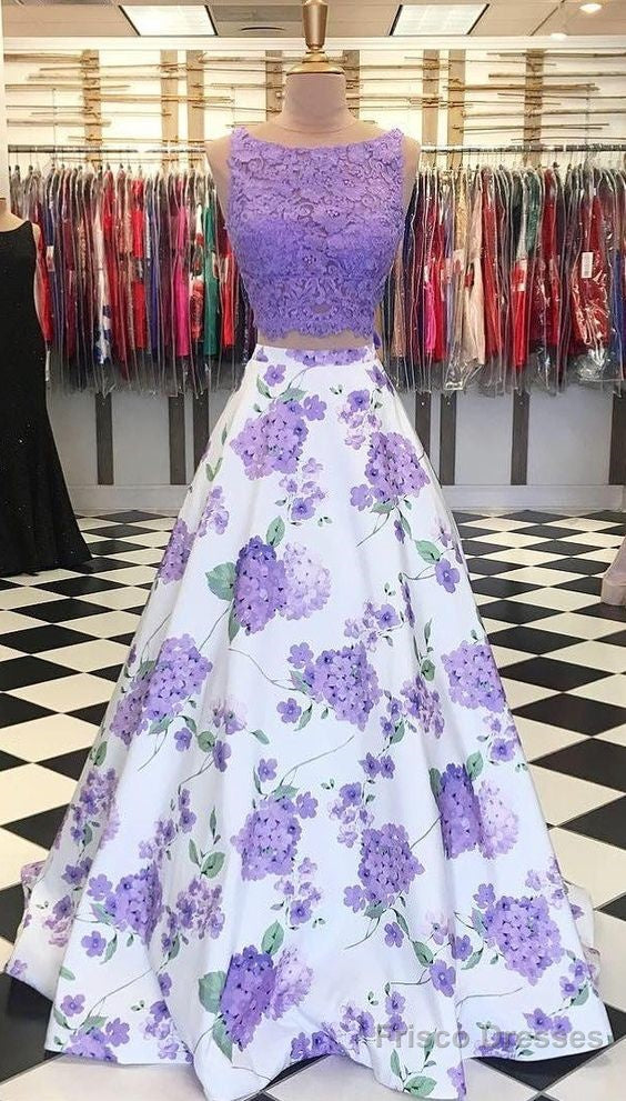 A Line Purple Floral Lace Two Piece Prom Dresses With Bowknot