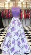 A Line Purple Floral Lace Two Piece Prom Dresses With Bowknot