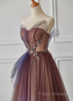A-Line Purple Gradient Tulle Beaded Long Party Dress, Purple Tulle Formal Prom Dress