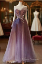 A-Line Purple Gradient Tulle Beaded Long Party Dress, Purple Tulle Formal Prom Dress