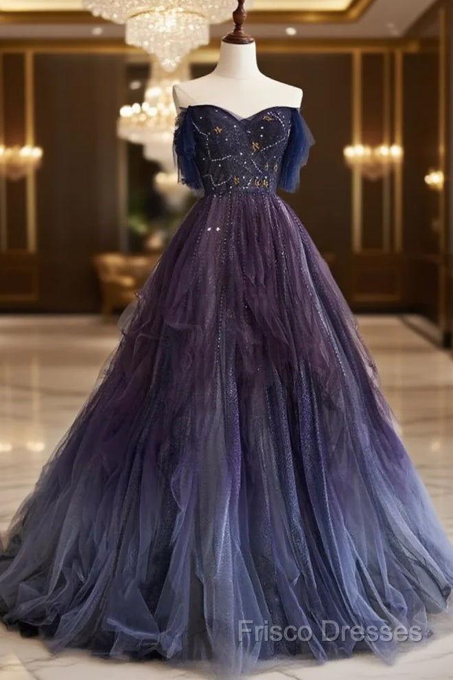 A-Line Purple Gradient Tulle Long Formal Prom Dress Main image