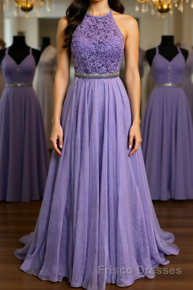 A Line Purple Lace Long Formal Prom Dresses with Belt, Purple Lace Formal Dresses, Purple Evening Dresses, Bridesmaid Dresses Main image