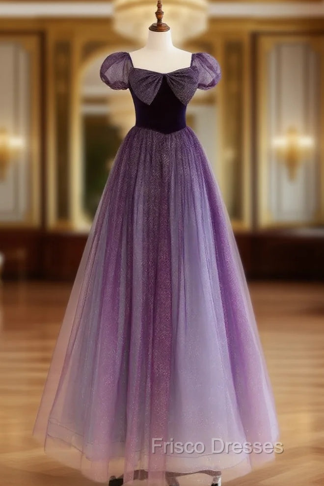 A-Line Purple Long Formal Prom Dress, Purple Tulle Evening Dress Main image