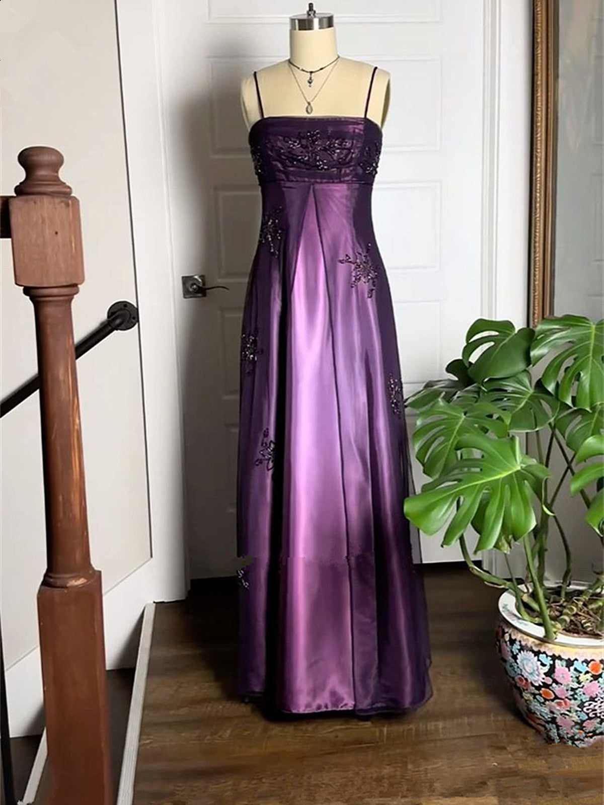 A-Line Purple Satin And Tulle Straps Long Party Dress, Purple Floor Length Prom Dress Main image