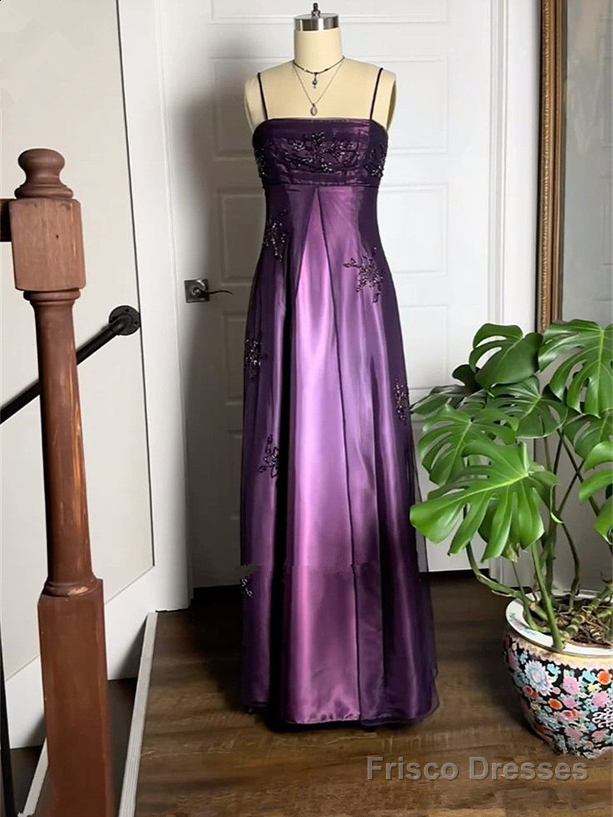 A-Line Purple Satin And Tulle Straps Long Party Dress, Purple Floor Length Prom Dress Main image