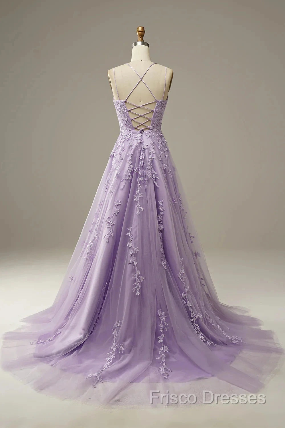 A-Line Purple Spaghetti Straps Long Formal Prom Dress With Appliques