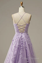 A-Line Purple Spaghetti Straps Long Formal Prom Dress With Appliques