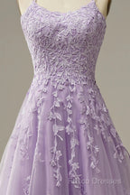 A-Line Purple Spaghetti Straps Long Formal Prom Dress With Appliques