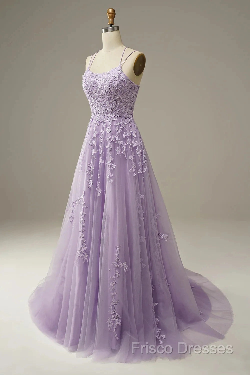 A-Line Purple Spaghetti Straps Long Formal Prom Dress With Appliques