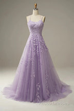 A-Line Purple Spaghetti Straps Long Formal Prom Dress With Appliques