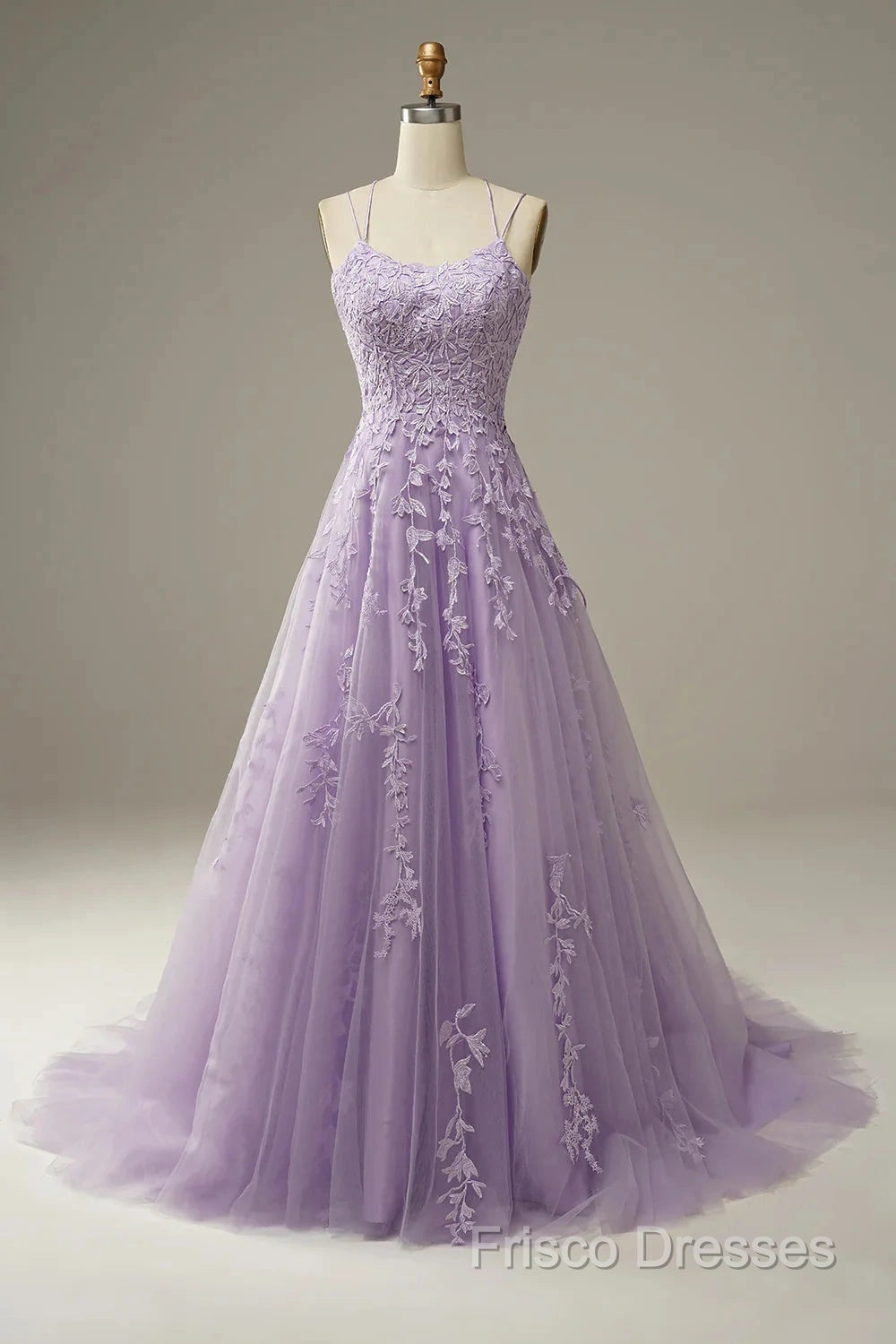 A-Line Purple Spaghetti Straps Long Formal Prom Dress With Appliques