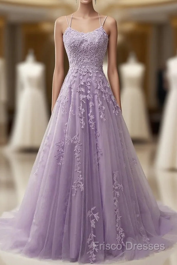 A-Line Purple Spaghetti Straps Long Formal Prom Dress With Appliques Main image