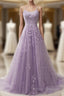 A-Line Purple Spaghetti Straps Long Formal Prom Dress With Appliques